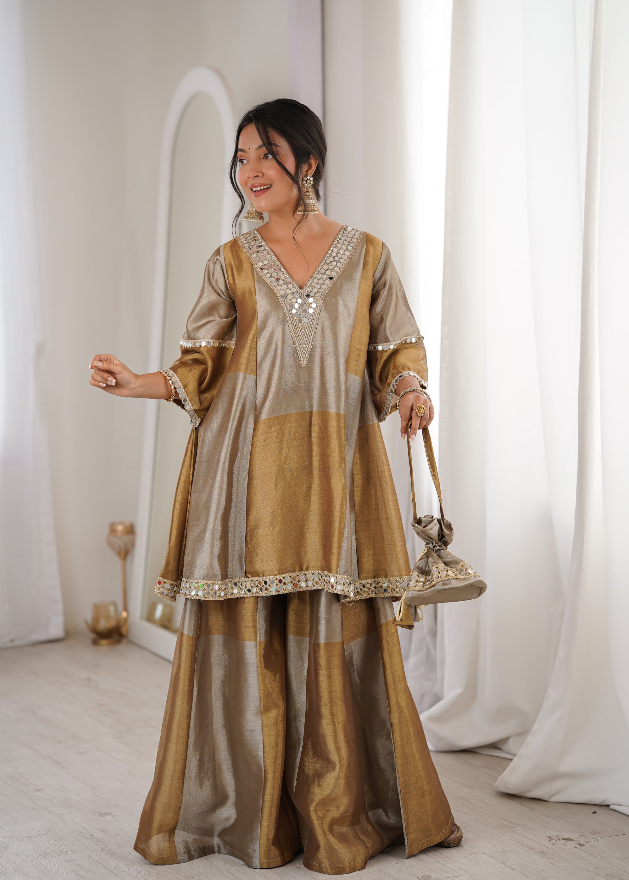 Lorenvalley Fashion Two-tone Tissue Fabric with Coding Embroidered & mirror work Lace Kurta Palazzo with Batwa - Dista