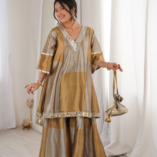 Lorenvalley Fashion Two-tone Tissue Fabric with Coding Embroidered & mirror work Lace Kurta Palazzo with Batwa - Dista