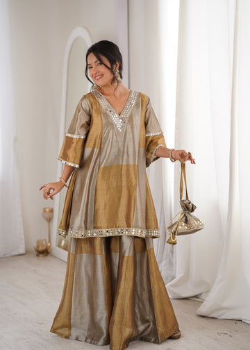 Lorenvalley Fashion Two-tone Tissue Fabric with Coding Embroidered & mirror work Lace Kurta Palazzo with Batwa - Dista