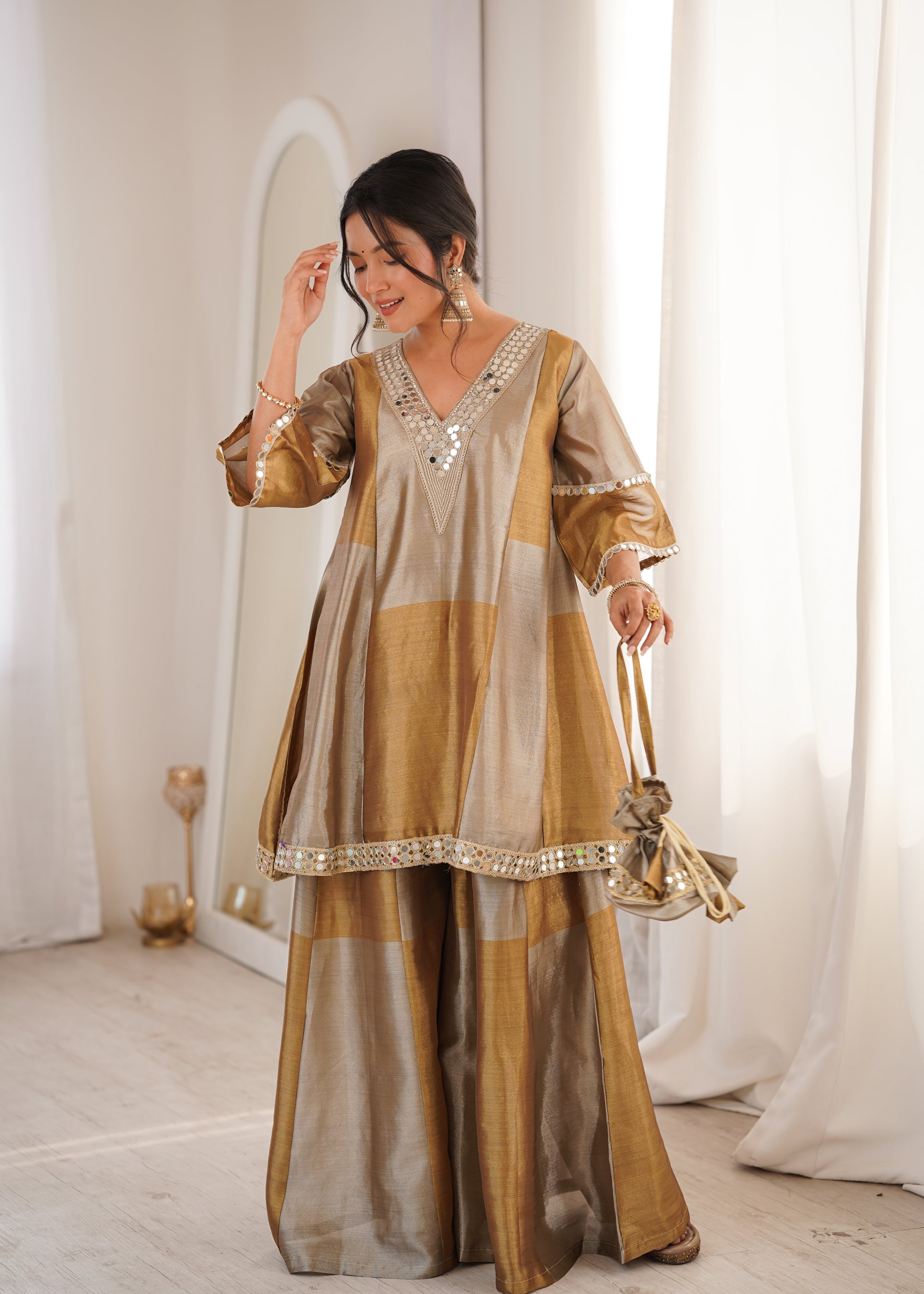 Lorenvalley Fashion Two-tone Tissue Fabric with Coding Embroidered & mirror work Lace Kurta Palazzo with Batwa - Dista