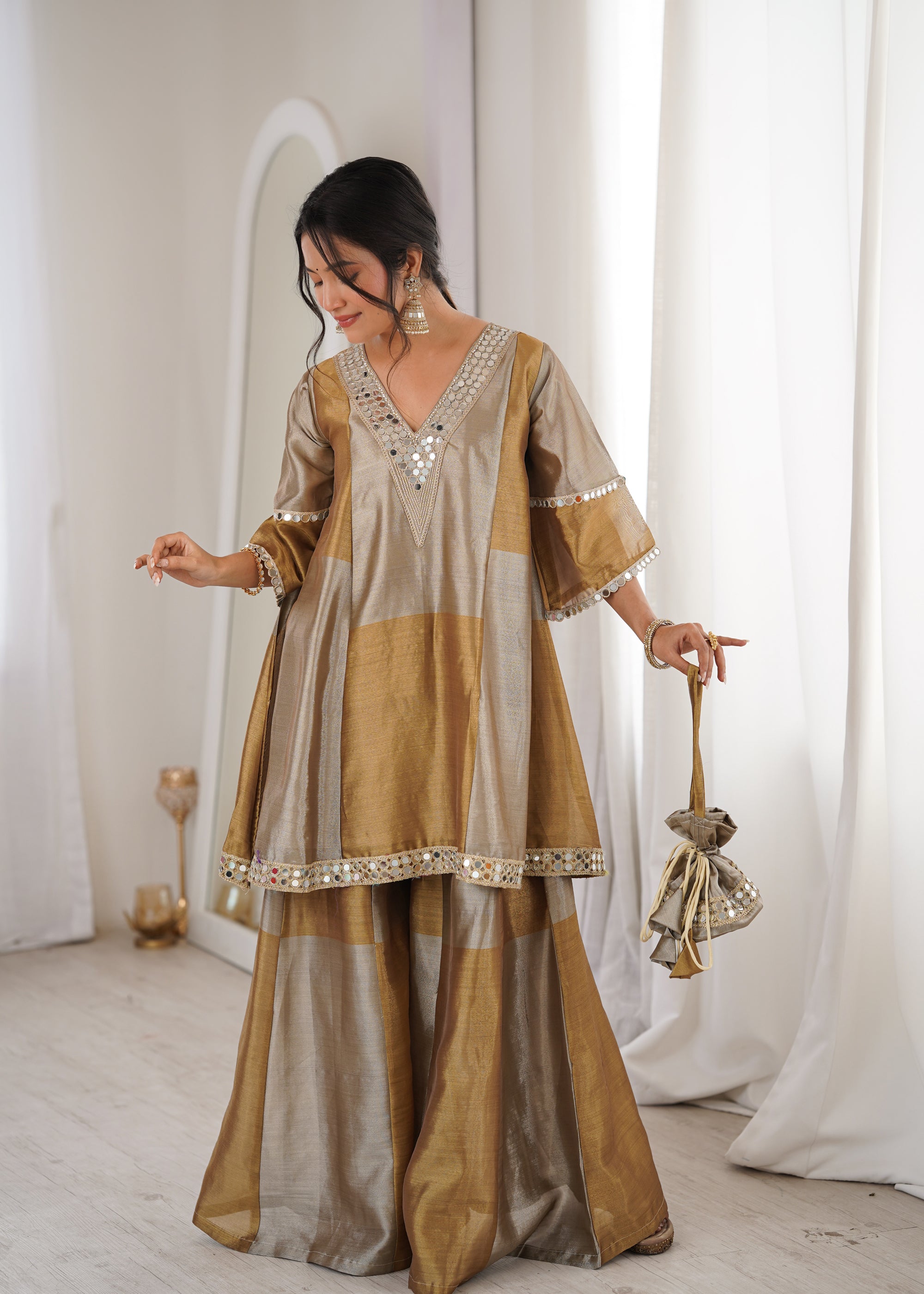 Lorenvalley Fashion Two-tone Tissue Fabric with Coding Embroidered & mirror work Lace Kurta Palazzo with Batwa - Dista