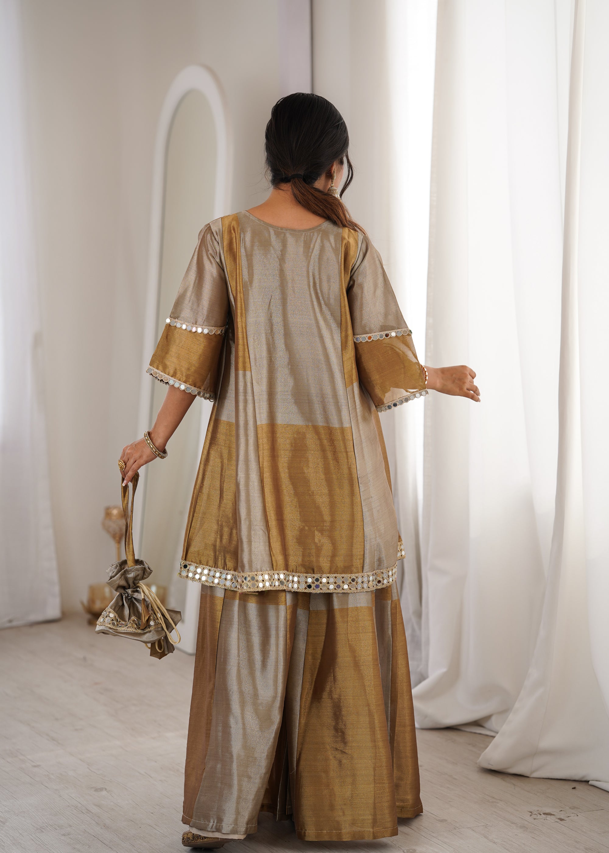 Lorenvalley Fashion Two-tone Tissue Fabric with Coding Embroidered & mirror work Lace Kurta Palazzo with Batwa - Dista
