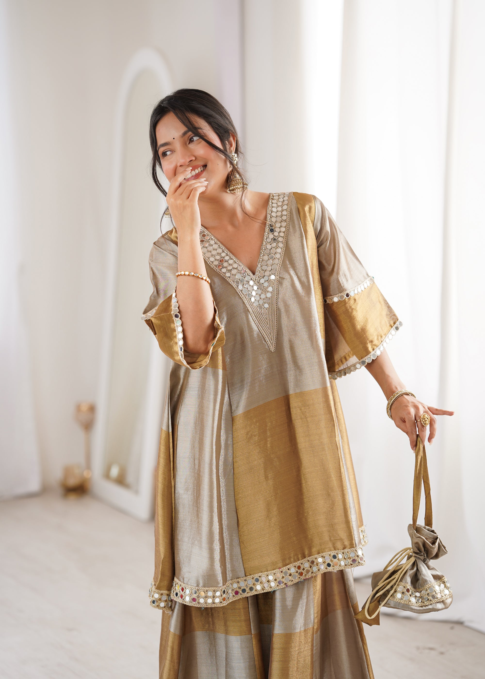 Lorenvalley Fashion Two-tone Tissue Fabric with Coding Embroidered & mirror work Lace Kurta Palazzo with Batwa - Dista