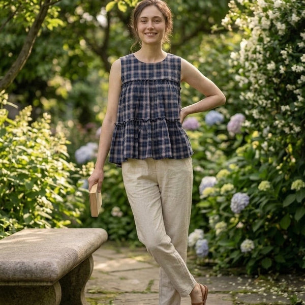 Lorenvalley Fashion Blue Checks Linen Cotton Top Bottom Set - Dista
