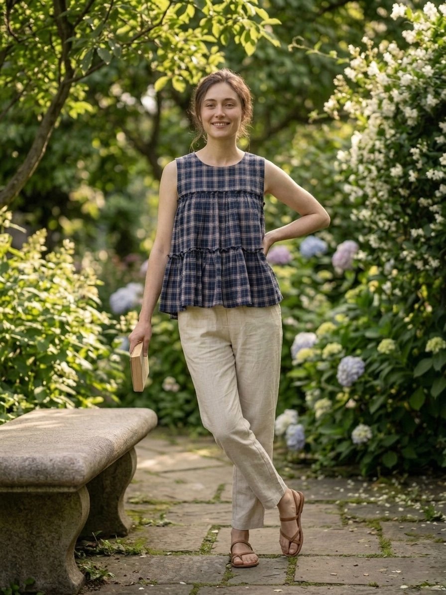 Lorenvalley Fashion Blue Checks Linen Cotton Top Bottom Set - Dista