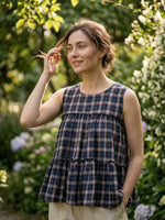 Thumbnail for Lorenvalley Fashion Blue Checks Linen Cotton Top Bottom Set - Dista