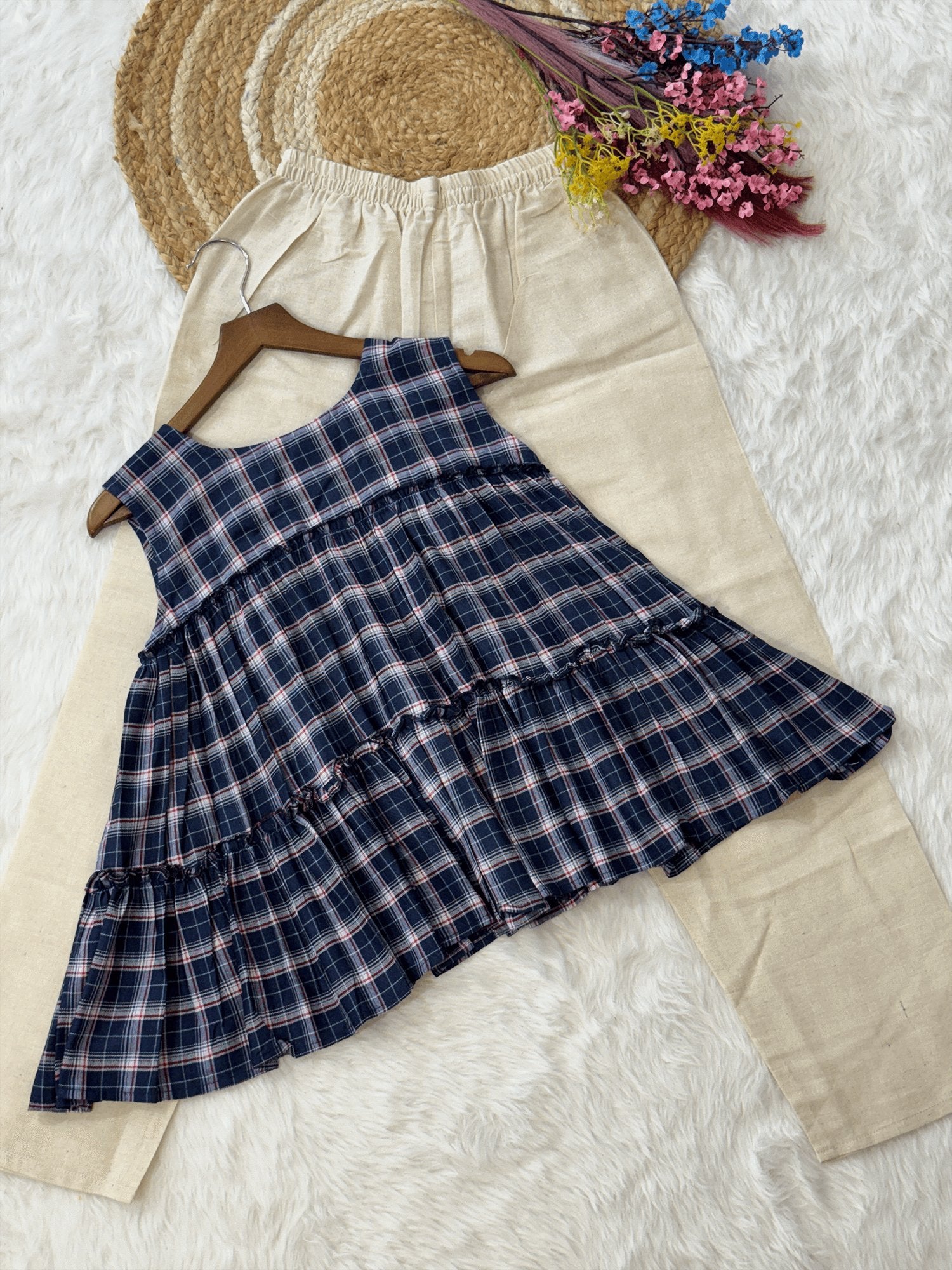 Lorenvalley Fashion Blue Checks Linen Cotton Top Bottom Set - Dista
