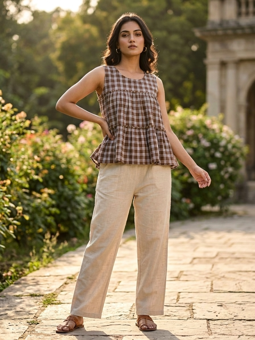 Lorenvalley Fashion Coffee Checks Linen Cotton Top Bottom Set - Dista