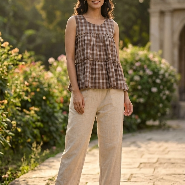 Lorenvalley Fashion Coffee Checks Linen Cotton Top Bottom Set - Dista