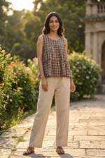 Thumbnail for Lorenvalley Fashion Coffee Checks Linen Cotton Top Bottom Set - Dista