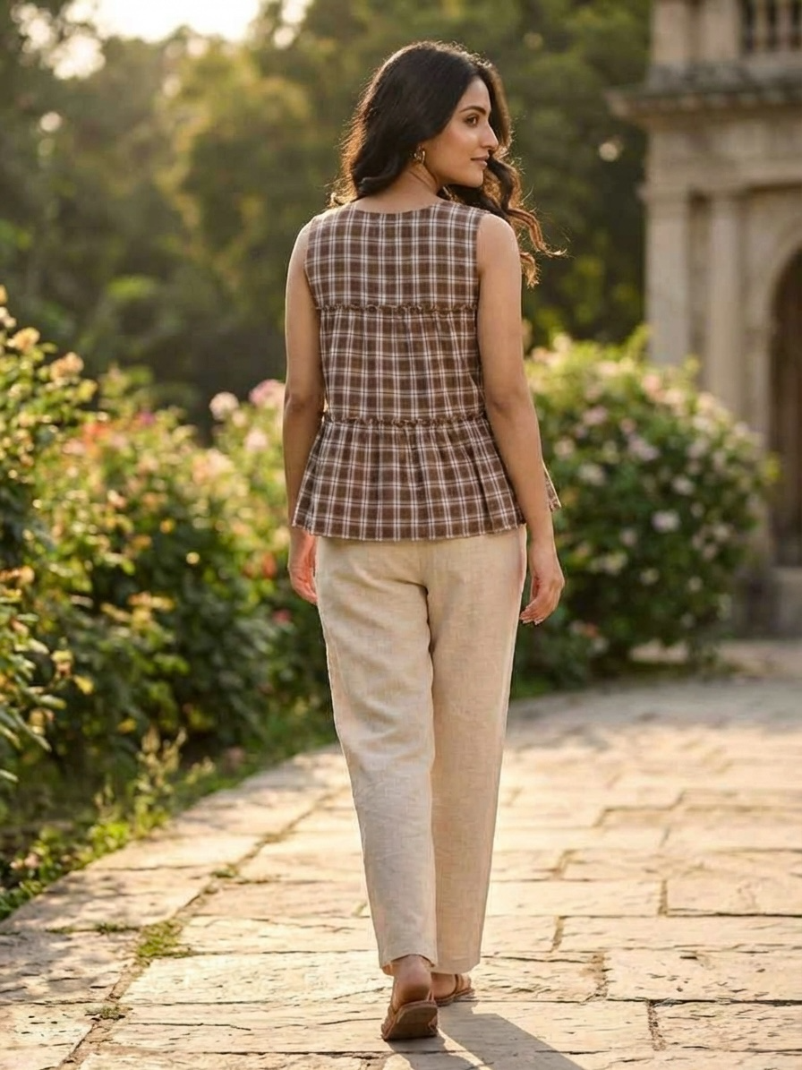 Lorenvalley Fashion Coffee Checks Linen Cotton Top Bottom Set - Dista