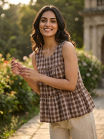 Thumbnail for Lorenvalley Fashion Coffee Checks Linen Cotton Top Bottom Set - Dista