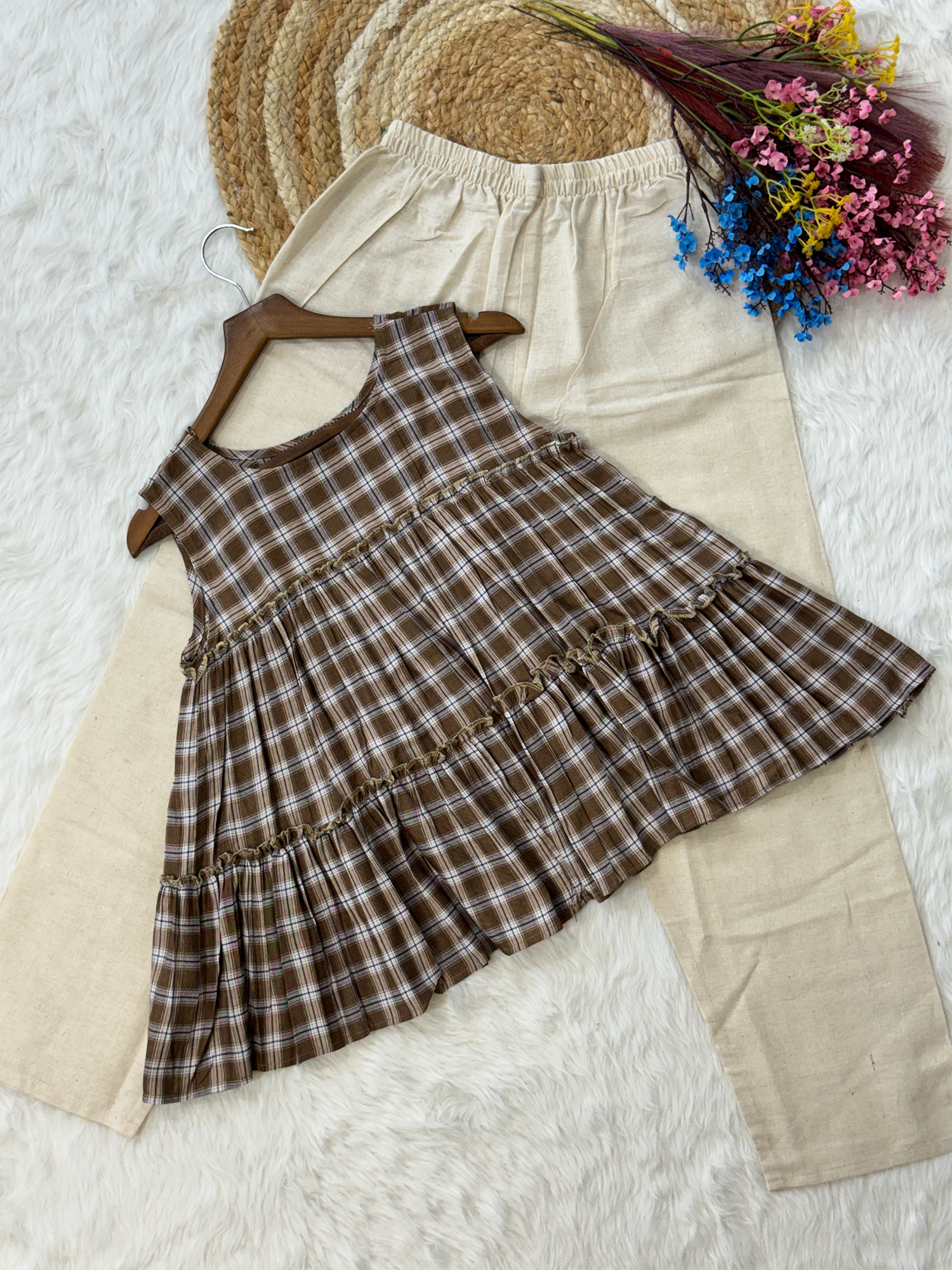 Lorenvalley Fashion Coffee Checks Linen Cotton Top Bottom Set - Dista