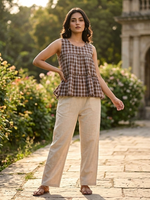 Thumbnail for Lorenvalley Fashion Coffee Checks Linen Cotton Top Bottom Set - Dista