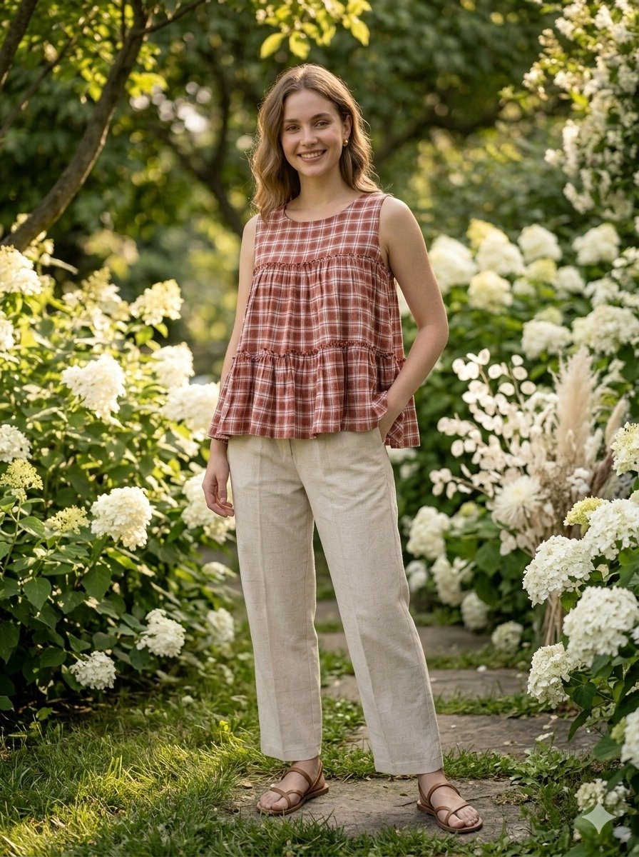 Lorenvalley Fashion Maroon Checks Linen Cotton Top Bottom Set - Dista