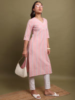 Thumbnail for Vishudh Striped V-Neck Cotton Kurta