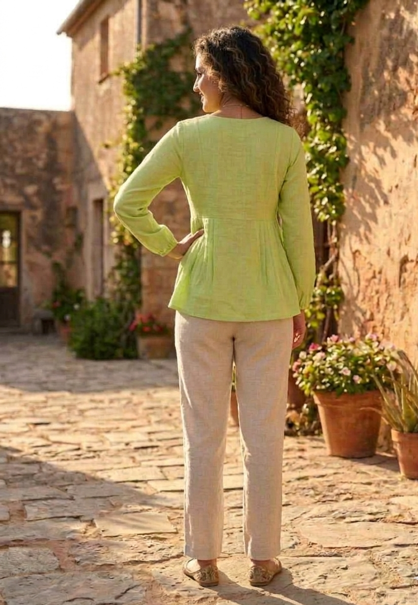 Lorenvalley Fashion Parrotgreen Linen Cotton Top Bottom Set - Dista