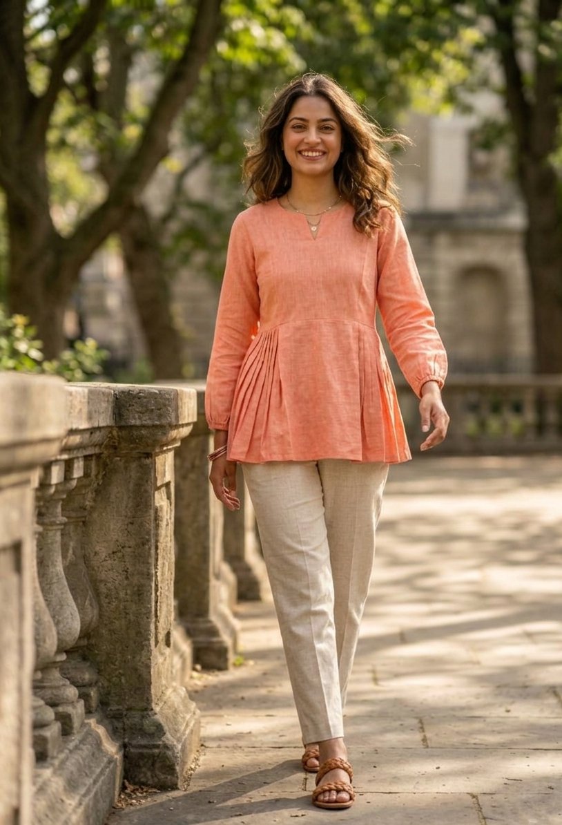 Lorenvalley Fashion Peach Linen Cotton Top Bottom Set - Dista