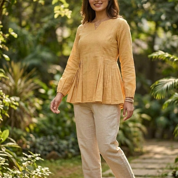 Lorenvalley Fashion Yellow Linen Cotton Top Bottom Set - Dista