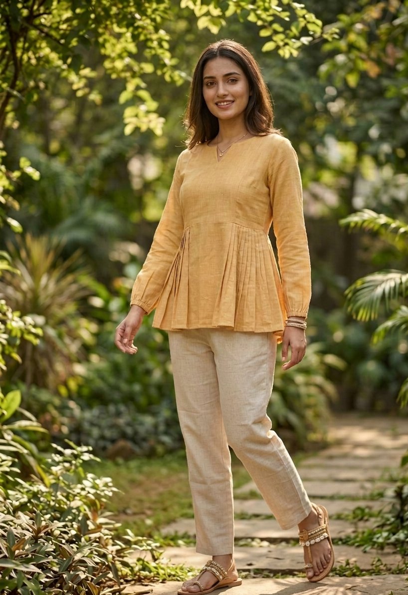 Lorenvalley Fashion Yellow Linen Cotton Top Bottom Set - Dista