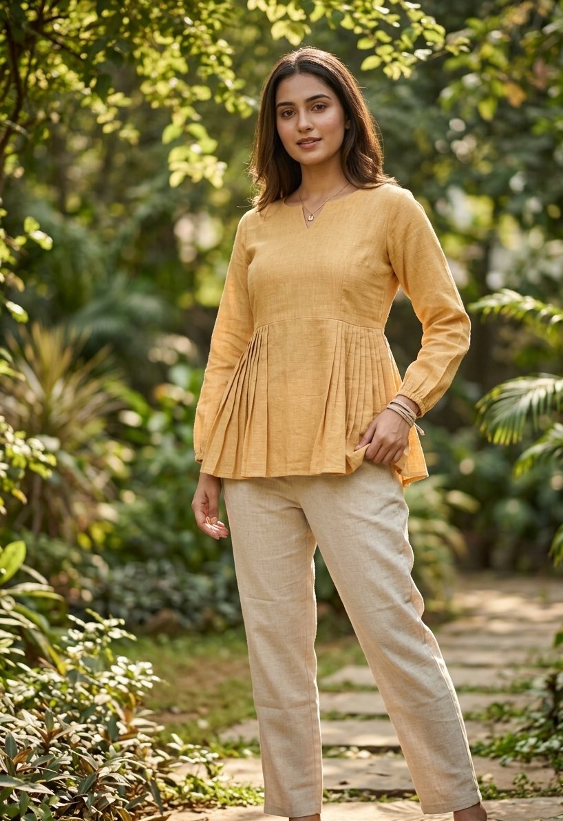 Lorenvalley Fashion Yellow Linen Cotton Top Bottom Set - Dista