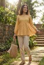 Thumbnail for Lorenvalley Fashion Yellow Linen Cotton Top Bottom Set - Dista