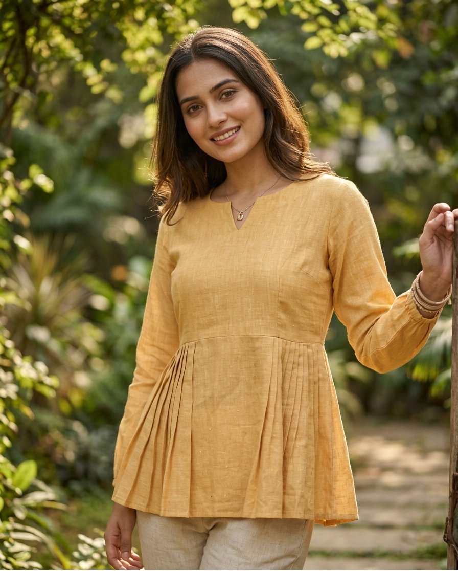 Lorenvalley Fashion Yellow Linen Cotton Top Bottom Set - Dista