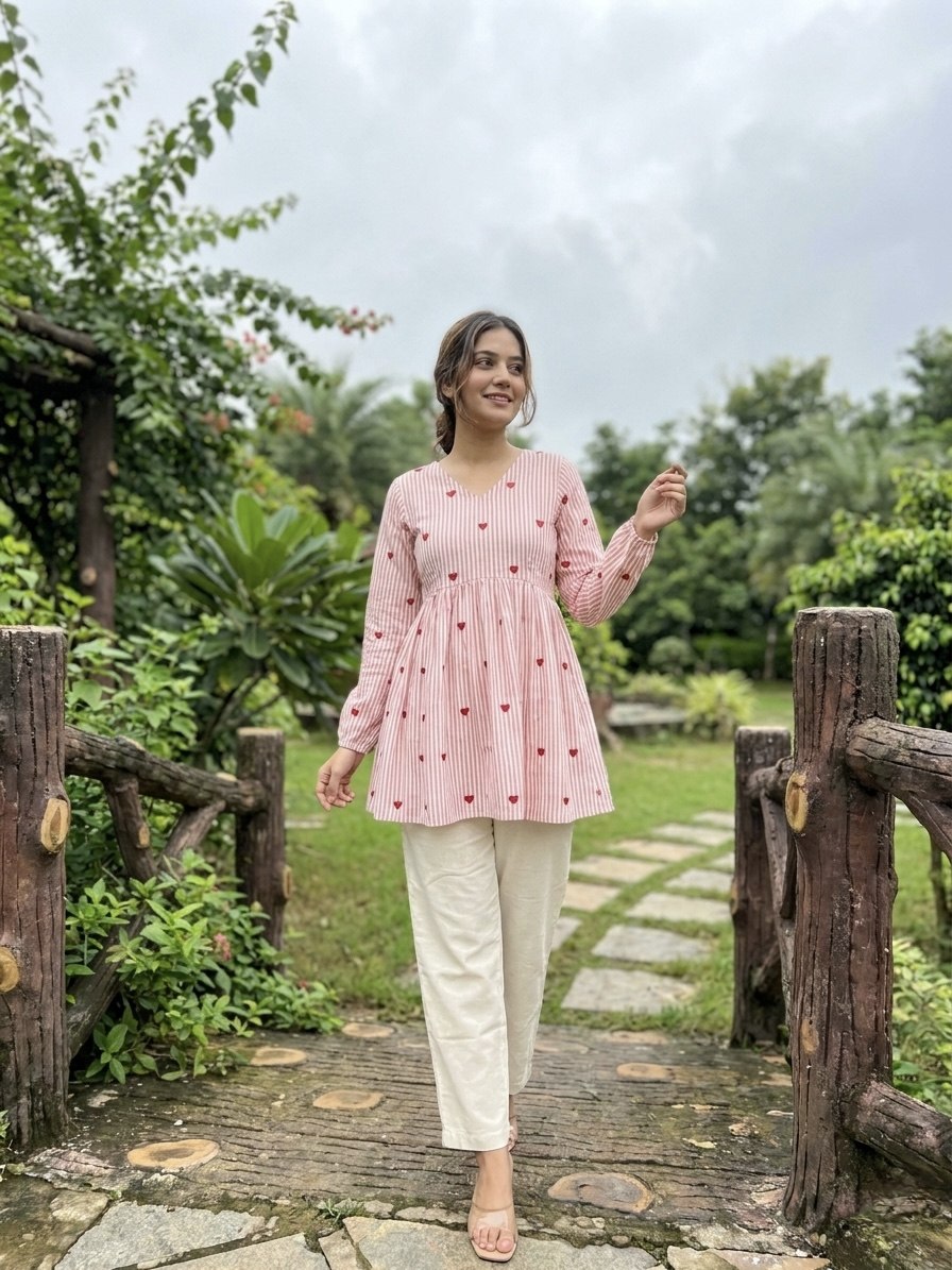 Lorenvalley Fashion Pink Cotton with Heart Embroidered work Top Bottom Set - Dista