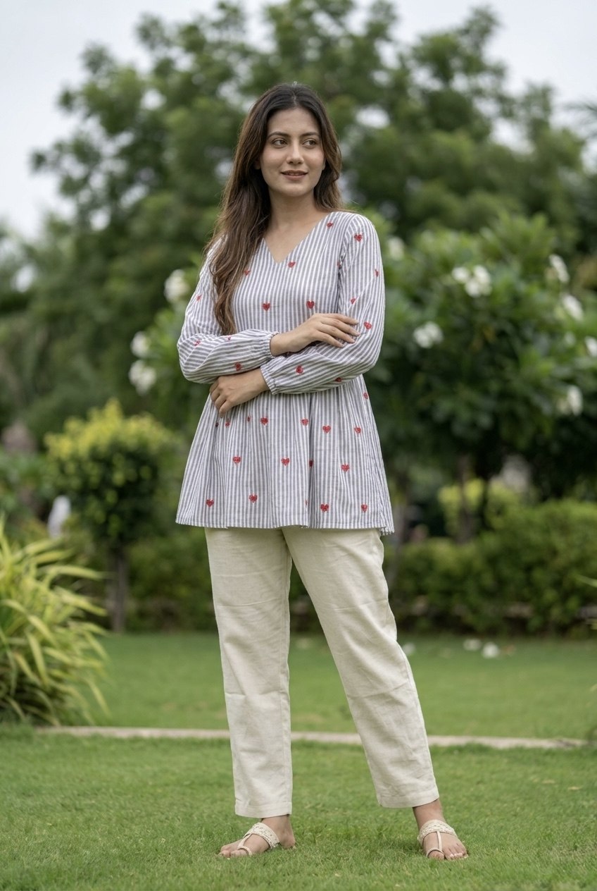 Lorenvalley Fashion Skyblue Cotton with Heart Embroidered work Top Bottom Set - Dista