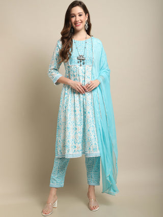 Sangria White & Blue Floral Printed Mirror Work A-Line Kurta With Trouser & Dupatta - Distacart