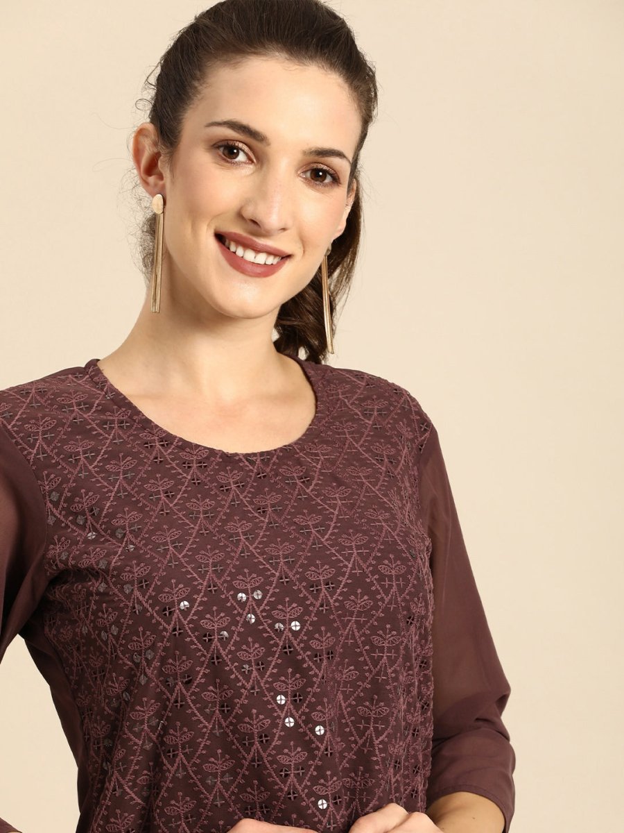 All About You Women Brown Ethnic Motifs Embroidered Regular Chikankari Kurta with Palazzos - Distacart
