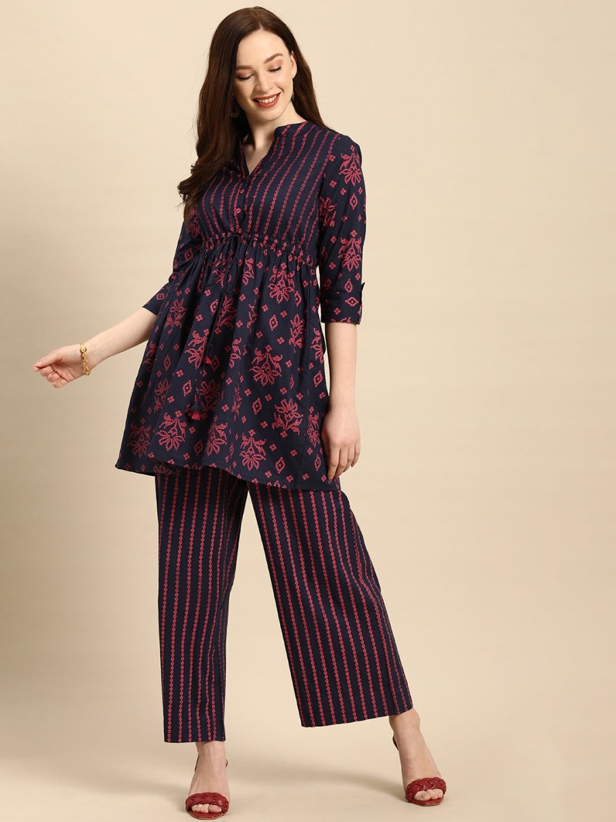 All About You Women Blue & Pink Bandhani Printed Pleated Kurti with Palazzos - Distacart