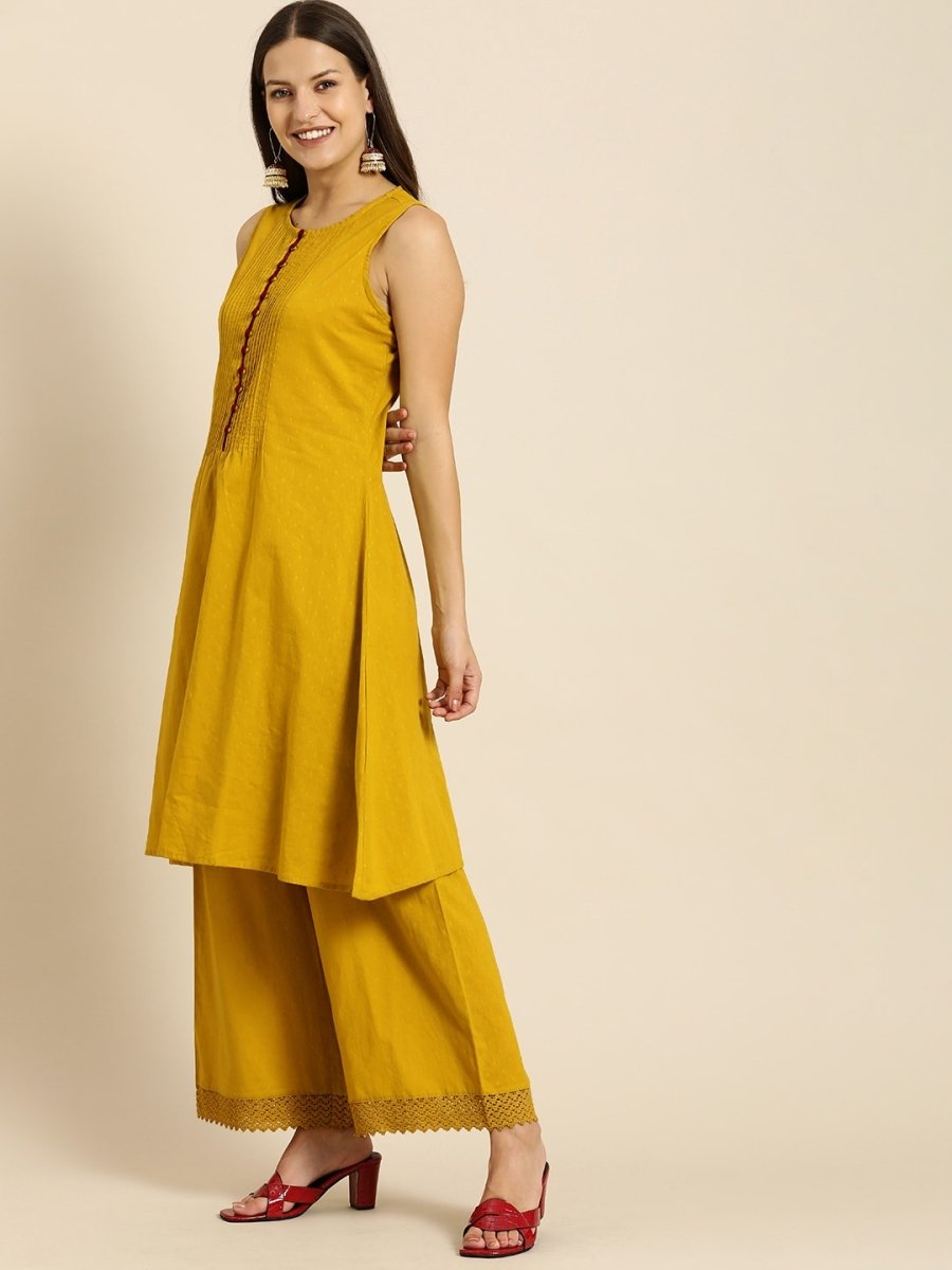 All About You Women Mustard Yellow Self Design Pure Cotton A-Line Kurta with Palazzos - Distacart