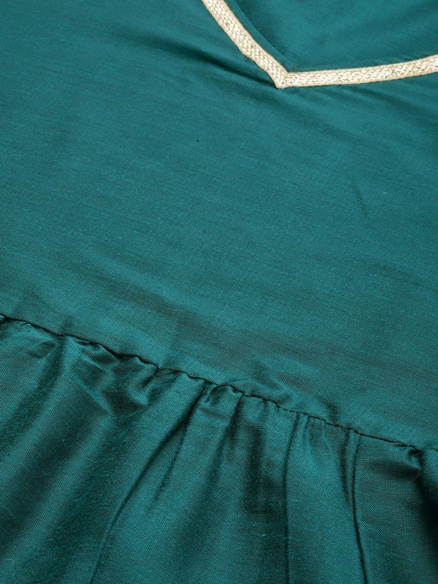 All About You Women Teal Green Solid V-Neck Anarkali Kurta with Trousers & Dupatta - Distacart
