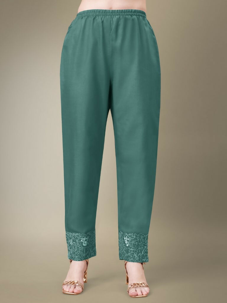 Jyoti Fashion Women's Teal Cotton Blend Embroidery & Fancy Lace work Kurta with Trouser & Dupatta - Distacart