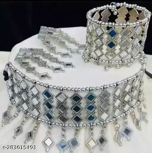 Tehzeeb Creations Women's Silver Oxidised Mirror Design Necklace Set With Bangle - Distacart