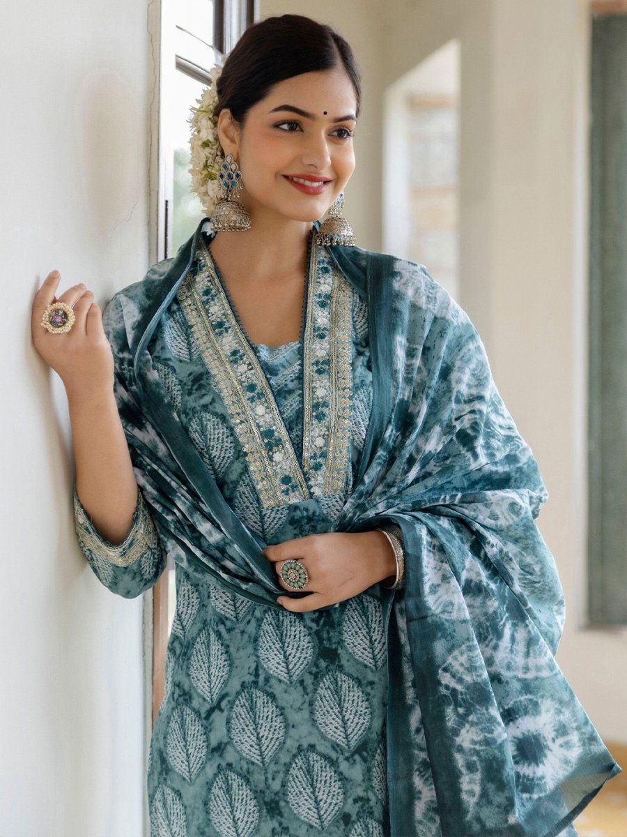 Anouk Floral Embroidered Empire Thread Work Pure Cotton Kurta with Trousers & Dupatta - Distacart