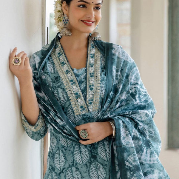Anouk Floral Embroidered Empire Thread Work Pure Cotton Kurta with Trousers & Dupatta - Distacart