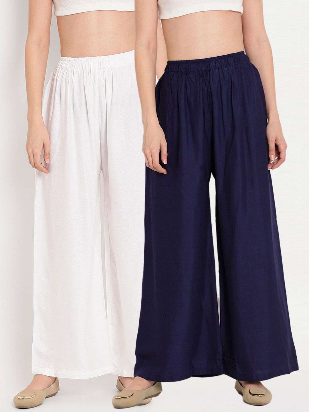 TAG 7 Women White & Navy Blue Set of 2 Flared Ethnic Palazzos - Distacart