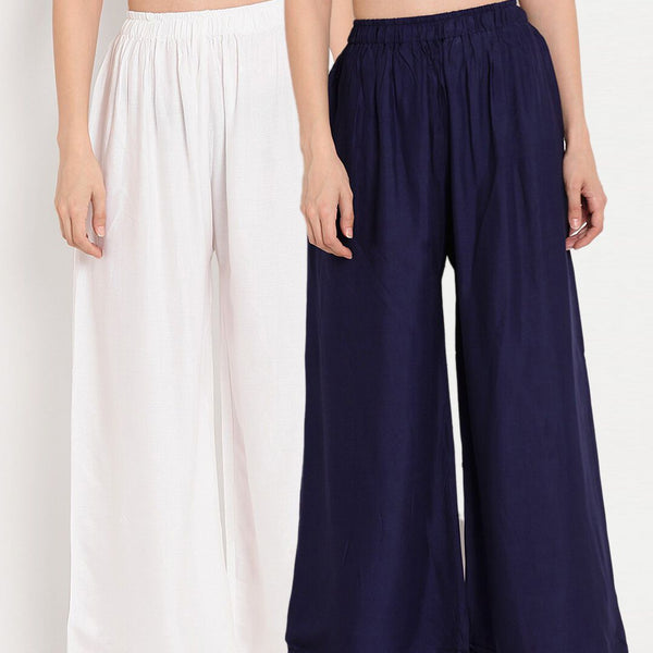 TAG 7 Women White & Navy Blue Set of 2 Flared Ethnic Palazzos - Distacart