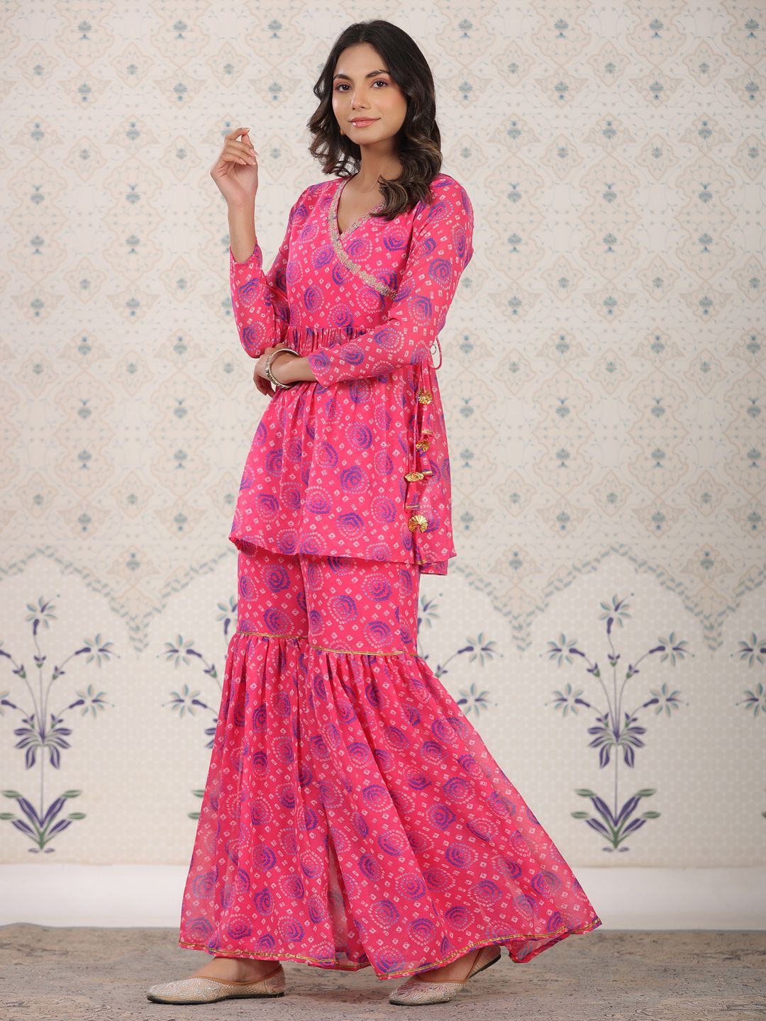 Ode by House of Pataudi Red Bandhani Printed Angrakha A-Line Kurti With Sharara