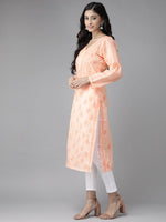 Thumbnail for ADA Women Peach-Coloured & White Chikankari Embroidered Handloom Kurta with Cotton Trousers - Distacart
