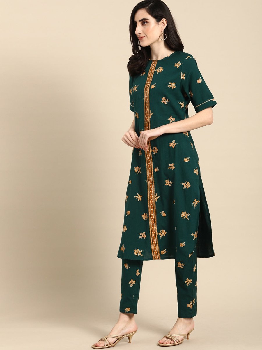 All About You Women Green & Brown Floral Printed Regular Pure Cotton Kurta with Trousers - Distacart