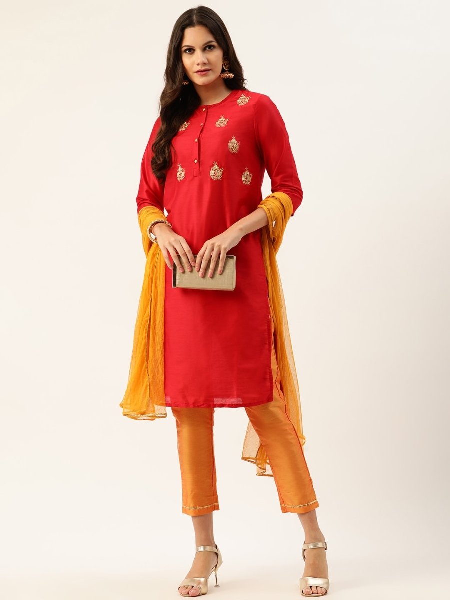 All About You Women Red & Orange Embroidered Yoke Design Kurta set with Dupatta - Distacart