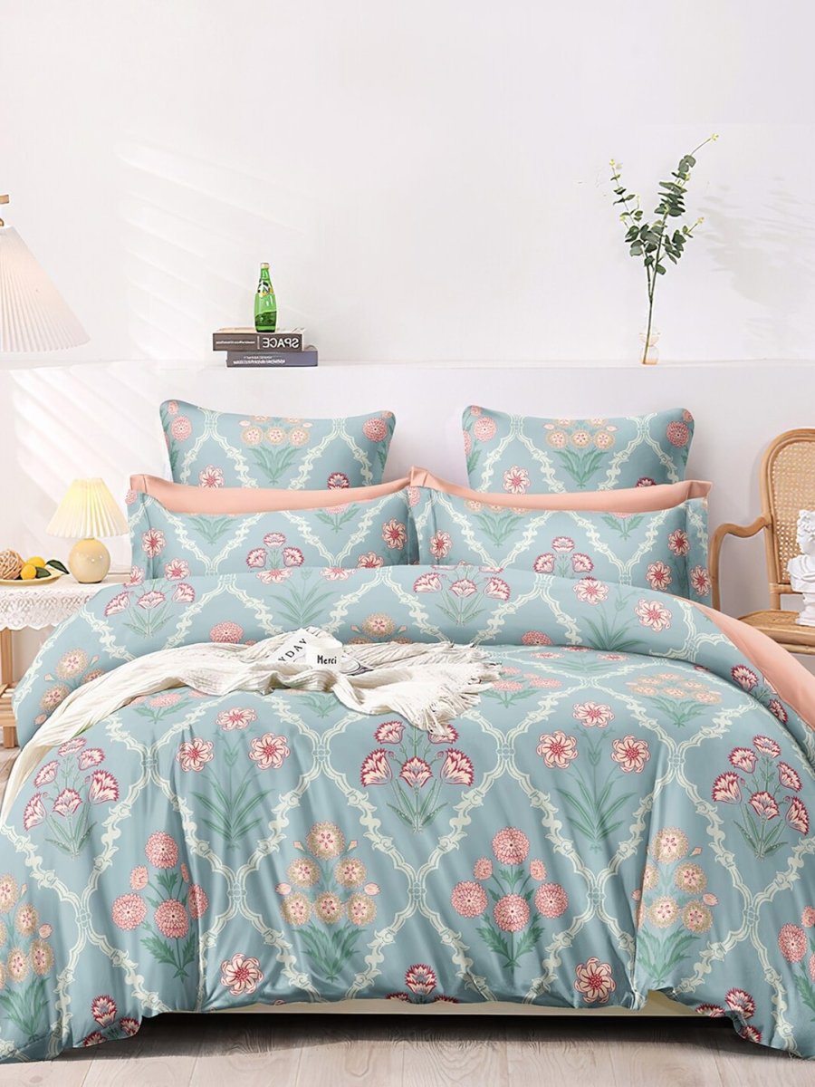 AEROHAVEN Premium Blue & Pink Ethnic Motifs Cotton 300 TC King Bedsheet & 2 Pillow Covers - Distacart