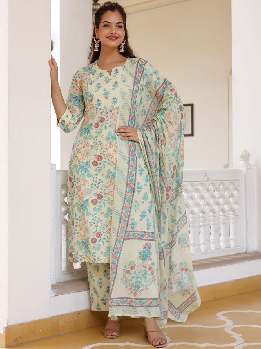 Anouk Cream Floral Printed Pure Cotton Straight Kurta With Trousers & Dupatta - Distacart