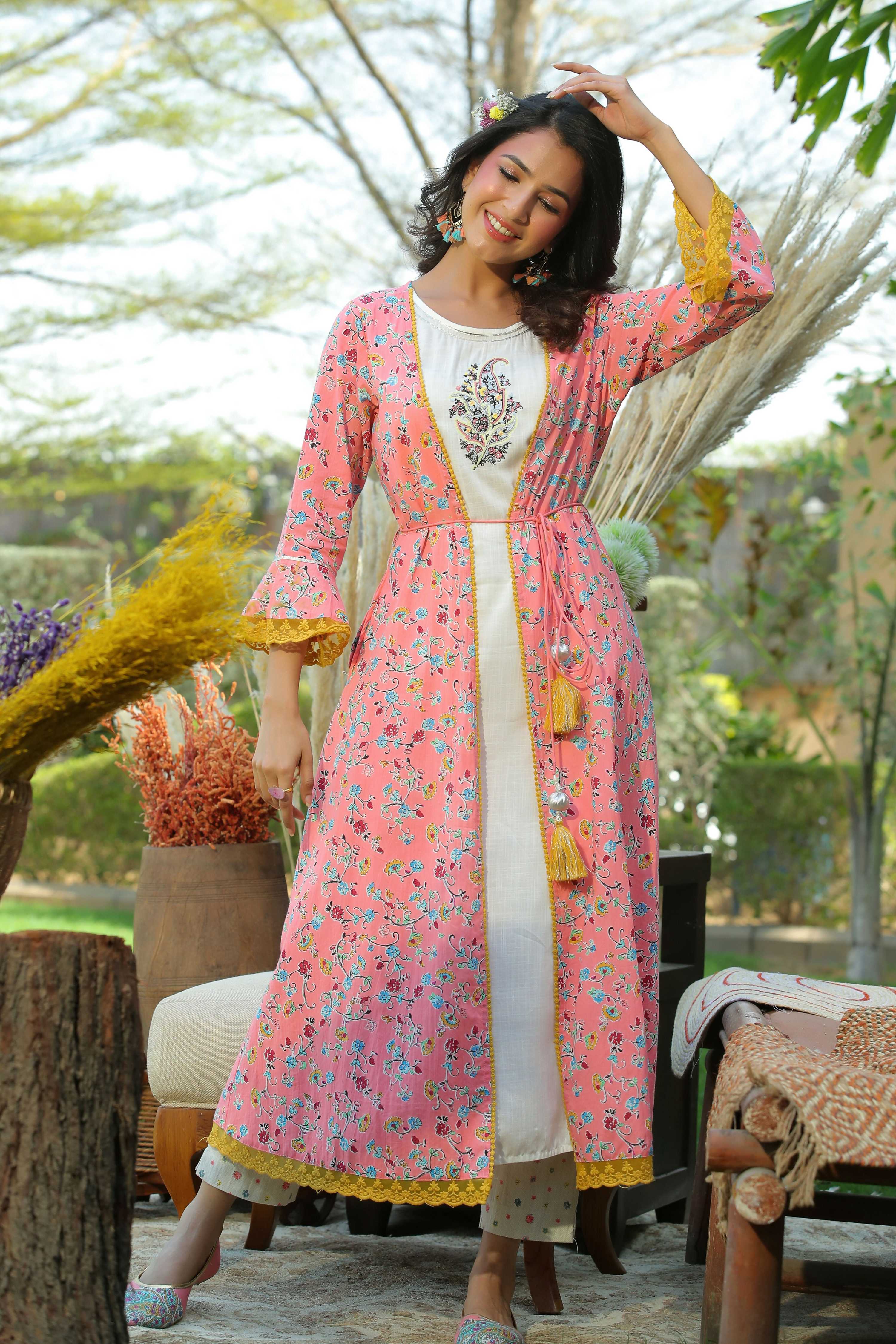Juniper Coral Floral Printed Cotton Lacy Jacket Style Kurta With Thread Work & Dori At Waist - Distacart