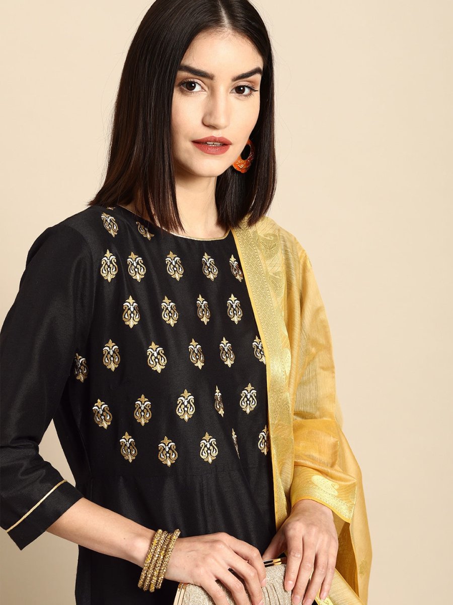All About You Women Black Printed Regular Kurta with Trousers & With Dupatta - Distacart