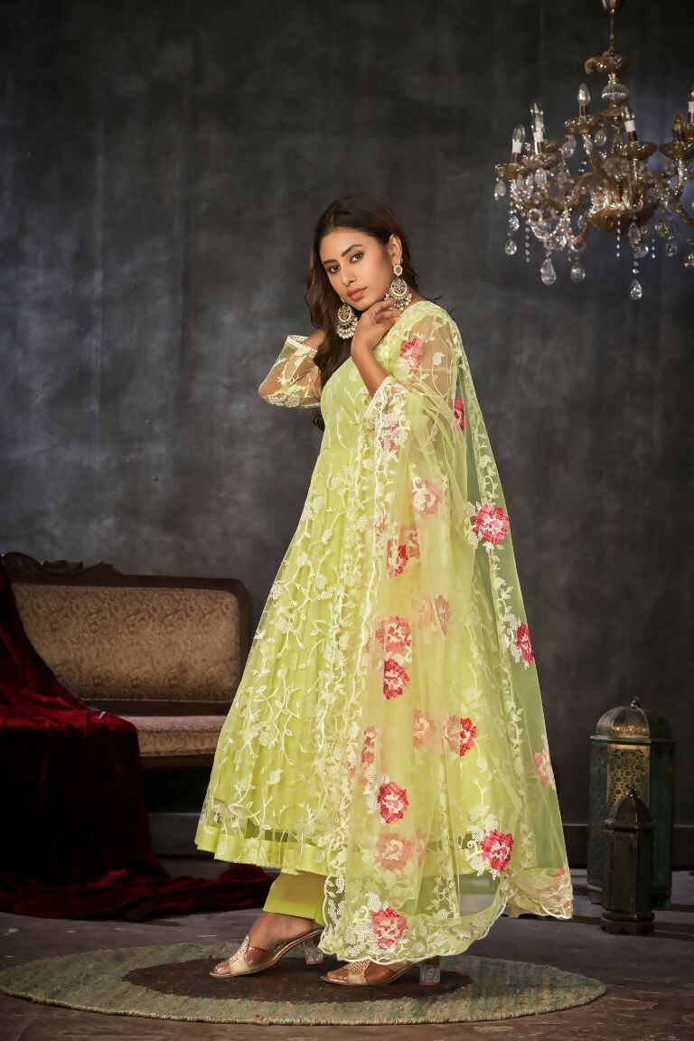 Jyoti Fashion Women's Pista Net Embroidered Anarkali Kurta Pant Set With Dupatta - Distacart