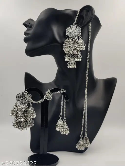 Tehzeeb Creations Women's Silver Colour Oxidised Earring With Hair Chain - Distacart